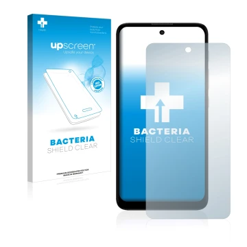 Front side of a product packaging with the brand logo upscreen. Next to it is the device Motorola Moto E40 shown with the corr