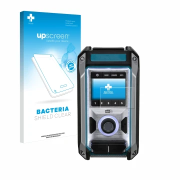 Front side of a product packaging with the brand logo upscreen. Next to it is the device Makita DMR115 shown with the correspo