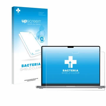 Front side of a product packaging with the brand logo upscreen. Next to it is the device Apple MacBook Pro 16