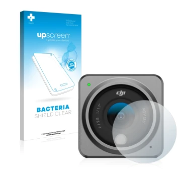 Front side of a product packaging with the brand logo upscreen. Next to it is the device DJI Action 2 Lens (housing) shown wit