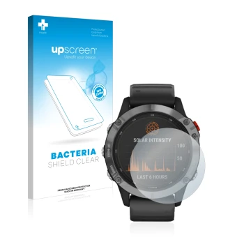 Front side of a product packaging with the brand logo upscreen. Next to it is the device Garmin Fenix 6 Solar shown with the c