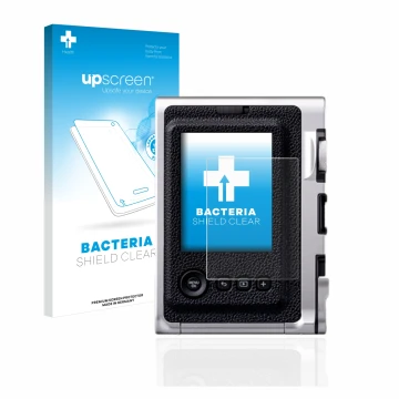 Front side of a product packaging with the brand logo upscreen. Next to it is the device Fujifilm Instax Mini Evo shown with t
