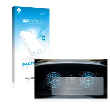 Front side of a product packaging with the brand logo upscreen. Next to it is the device Hyundai i20 BC3 2021 Cockpit shown wi