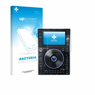 Front side of a product packaging with the brand logo upscreen. Next to it is the device Denon DJ SC6000 Prime shown with the 