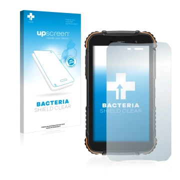 Front side of a product packaging with the brand logo upscreen. Next to it is the device Doogee S35T shown with the correspond