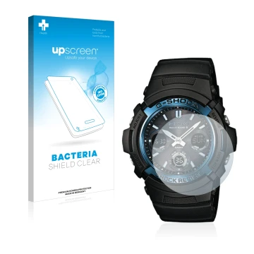 Front side of a product packaging with the brand logo upscreen. Next to it is the device Casio AWG M100 shown with the corresp