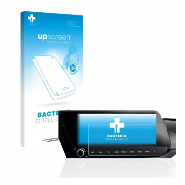 Front side of a product packaging with the brand logo upscreen. Next to it is the device Hyundai i20N 2021 Infotainment System