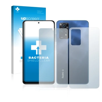 Front side of a product packaging with the brand logo upscreen. Next to it is the device Xiaomi Redmi Note 11 Pro 5G (Front+Ba