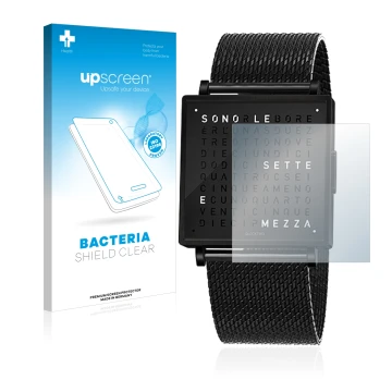 Front side of a product packaging with the brand logo upscreen. Next to it is the device Qlocktwo W35 shown with the correspon