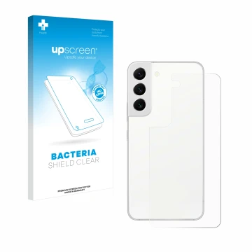 Front side of a product packaging with the brand logo upscreen. Next to it is the device Samsung Galaxy S22 5G (Back) shown wi