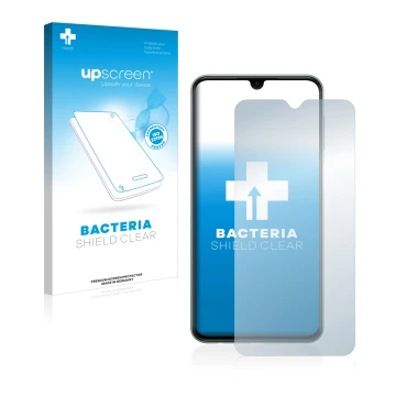 Front side of a product packaging with the brand logo upscreen. Next to it is the device Samsung Galaxy M33 shown with the cor