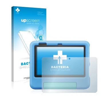 Front side of a product packaging with the brand logo upscreen. Next to it is the device Amazon Fire 7 Kids 2022 shown with th