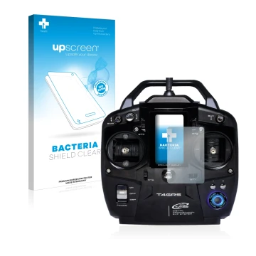 Front side of a product packaging with the brand logo upscreen. Next to it is the device Futaba T4GRS shown with the correspon