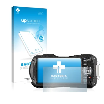 Front side of a product packaging with the brand logo upscreen. Next to it is the device Ricoh WG-80 shown with the correspond