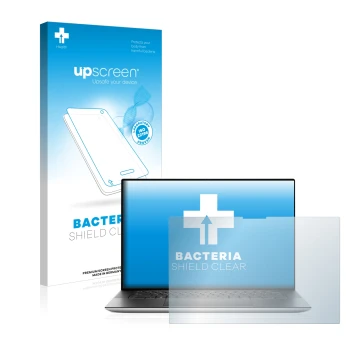 Front side of a product packaging with the brand logo upscreen. Next to it is the device Dell XPS 15 9510 Touch shown with the