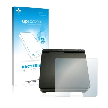 Front side of a product packaging with the brand logo upscreen. Next to it is the device Nintendo Gameboy Advance SP (housing)