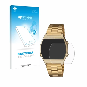 Front side of a product packaging with the brand logo upscreen. Next to it is the device Casio Retro B640WB shown with the cor