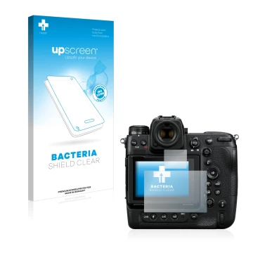 Front side of a product packaging with the brand logo upscreen. Next to it is the device Nikon Z 9 (Display + top plate displa