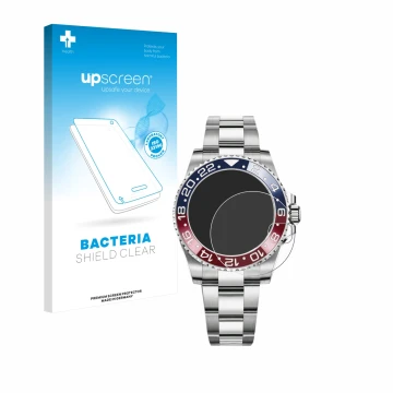 Front side of a product packaging with the brand logo upscreen. Next to it is the device Rolex GMT-Master II shown with the co