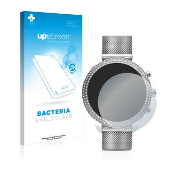 Front side of a product packaging with the brand logo upscreen. Next to it is the device Fossil Stella (6. Gen) shown with the