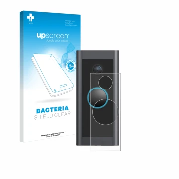 Front side of a product packaging with the brand logo upscreen. Next to it is the device Ring Video Doorbell Wired shown with 