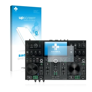 Front side of a product packaging with the brand logo upscreen. Next to it is the device Denon DJ Prime Go shown with the corr