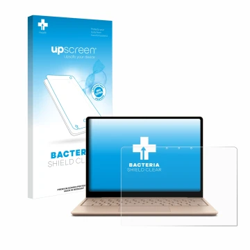 Front side of a product packaging with the brand logo upscreen. Next to it is the device Microsoft Surface Laptop Go 2 Busines