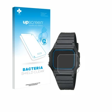 Front side of a product packaging with the brand logo upscreen. Next to it is the device Casio F-105W-1AWYEF shown with the co