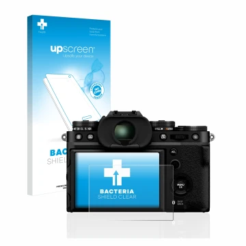 Front side of a product packaging with the brand logo upscreen. Next to it is the device Fujifilm X-T5 shown with the correspo