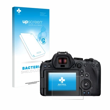 Front side of a product packaging with the brand logo upscreen. Next to it is the device Canon EOS R6 Mark II shown with the c