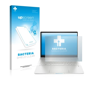 Front side of a product packaging with the brand logo upscreen. Next to it is the device HP Pavilion Plus 14-eh shown with the