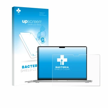 Front side of a product packaging with the brand logo upscreen. Next to it is the device Apple MacBook Pro 14