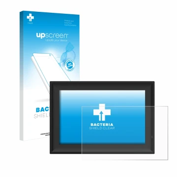 Front side of a product packaging with the brand logo upscreen. Next to it is the device Yenock Digitaler Bilderrahmen 10.1 Zo