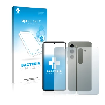 Front side of a product packaging with the brand logo upscreen. Next to it is the device Samsung Galaxy S23 (Front+Back) shown