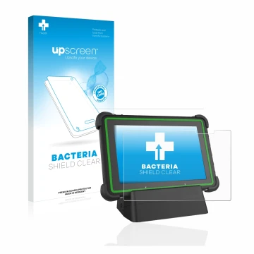 Front side of a product packaging with the brand logo upscreen. Next to it is the device Hella Gutmann Mega Macs X (tablet) sh