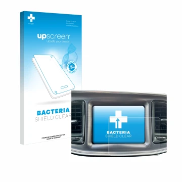 Front side of a product packaging with the brand logo upscreen. Next to it is the device Dodge Challenger Uconnect 8.4