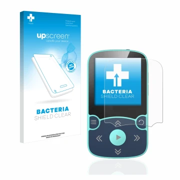 Front side of a product packaging with the brand logo upscreen. Next to it is the device AGPtek A65X MP3 Player with clip show