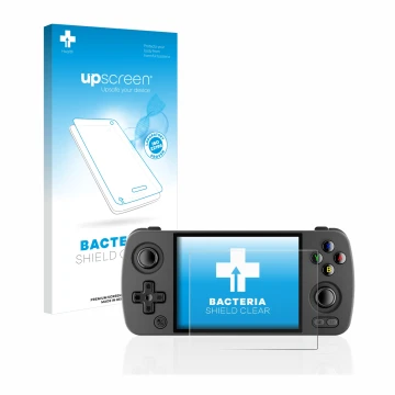 Front side of a product packaging with the brand logo upscreen. Next to it is the device Anbernic RG405M shown with the corres