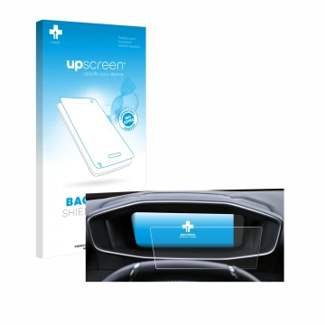 Front side of a product packaging with the brand logo upscreen. Next to it is the device Peugeot 2008 2022 Cockpit shown with 