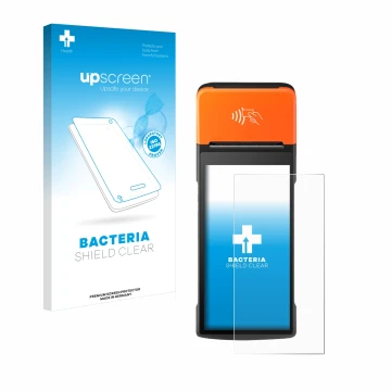 Front side of a product packaging with the brand logo upscreen. Next to it is the device Sunmi V2 Pro shown with the correspon