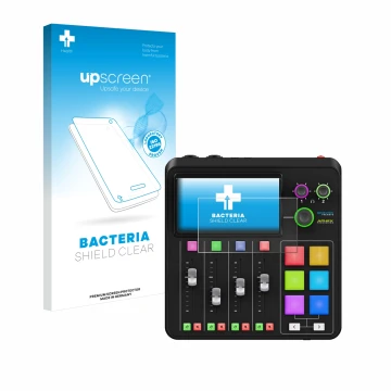 Front side of a product packaging with the brand logo upscreen. Next to it is the device Rode Rodecaster Duo shown with the co