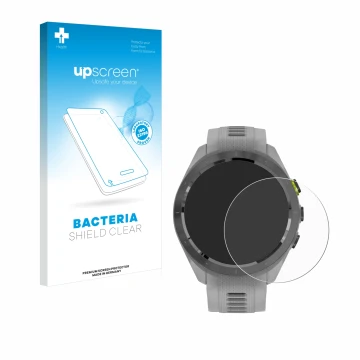 Front side of a product packaging with the brand logo upscreen. Next to it is the device Garmin Approach S70 (42 mm) shown wit