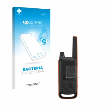 Front side of a product packaging with the brand logo upscreen. Next to it is the device Motorola Talkabout T82 shown with the