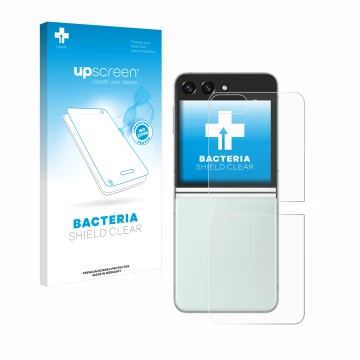 Front side of a product packaging with the brand logo upscreen. Next to it is the device Samsung Galaxy Z Flip 5 (Back) shown 
