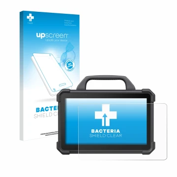 Front side of a product packaging with the brand logo upscreen. Next to it is the device Launch X-431 Tab VII (Tab 7) Elite sh