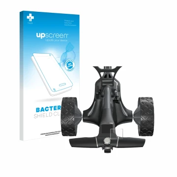 Front side of a product packaging with the brand logo upscreen. Next to it is the device Motocaddy M7 GPS Electric Trolley sho