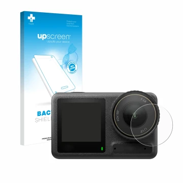 Front side of a product packaging with the brand logo upscreen. Next to it is the device DJI Osmo Action 4 (Lens) shown with t