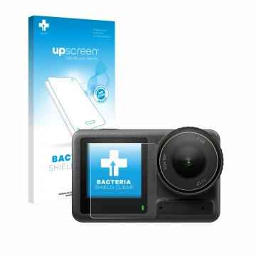 Front side of a product packaging with the brand logo upscreen. Next to it is the device DJI Osmo Action 4 (Front display) sho