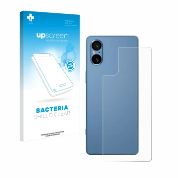 Front side of a product packaging with the brand logo upscreen. Next to it is the device Sony Xperia 5 V (Back) shown with the