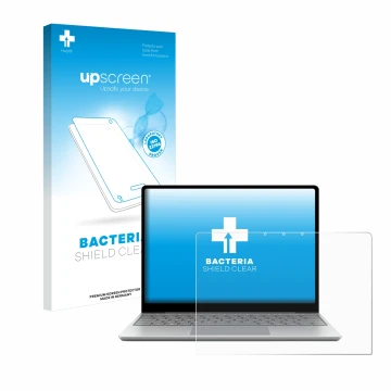 Front side of a product packaging with the brand logo upscreen. Next to it is the device Microsoft Surface Laptop Go 3 Busines